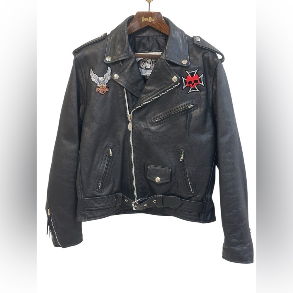 ZR1 Vintage Classic Black Leather Biker Jacket Size 46